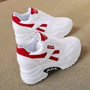 Women's Casual Dad Sneakers - White with Red Accents, Thick 3.15inch Sole, Lace-up, All-season Height-increasing Shoes, Casual Shoes| Platform Sneakers| Durable rubber shoe sole