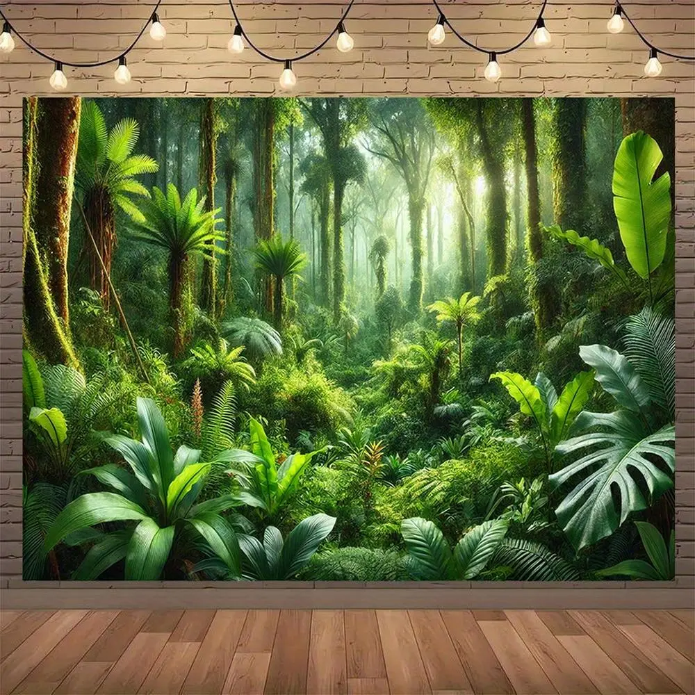 1PC 2D Flat Rainforest Plant Backdrop Banner, Reusable Nature Polyester Decoration for Happy Birthday Parties & Photography, Home Hanging Tapestry