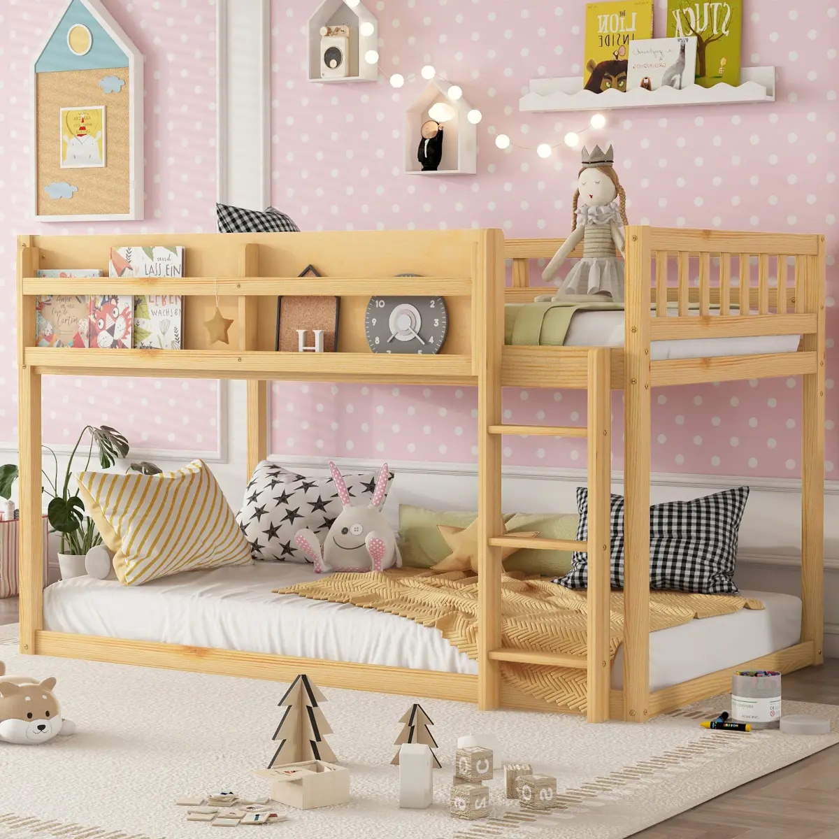 Low Twin Over Twin Bunk Bed, Floor Bunk Bed with Ladder, Solid Wood Twin Bunk Bed for Kids & Juniors, Natural(Expect Aival Date 2025/11/25)