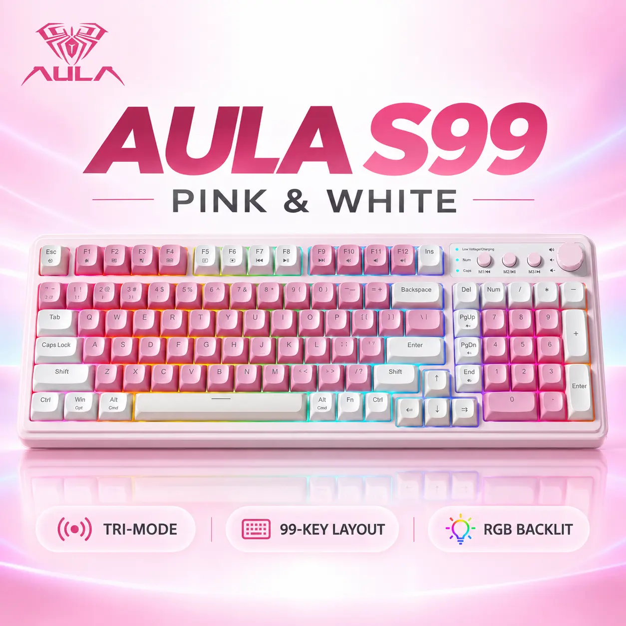 AULA S99 Wireless Gaming Keyboard - 99-Key Compact Layout with Number Pad, Tri-Mode Bluetooth/2.4GHz/USB-C, RGB LED Backlit, Media Knob, Fixed Side-Printed Keycaps & Switches, Kickstand, Membrane Keyboard for Work, Led Backlit Keyboard #tiktokshopstockup