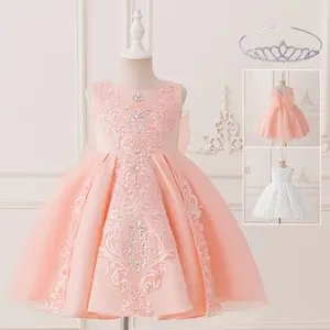 3M-4Y Pink Tulle Tutu Dress with Crown Rhinestone Embroidery Big Bow Kids Clothes 2012 Anniversary Birthday Baptism Flower Girls Frock Ball Gown Pageant Children Elegant Princess Prom Host Formal Evening Party Banquet Dress for All Season