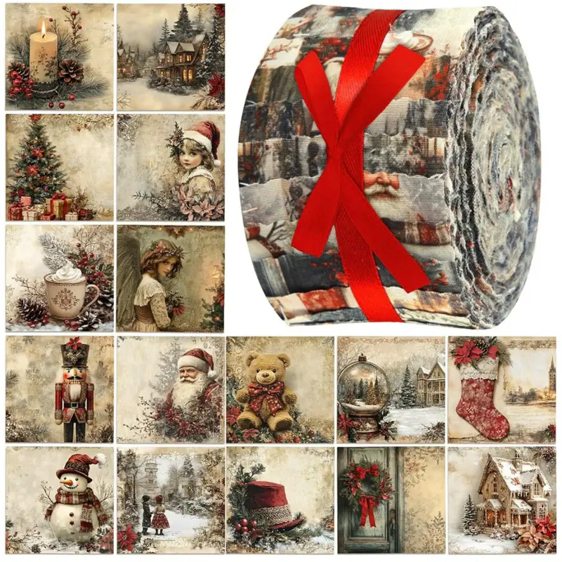 uct imageTitle Hosuly 40 Pcs Vintage Christmas Fabric Jelly Santa Claus Snowman Nutcracker Angel Xmas Stocking Quilting Strips