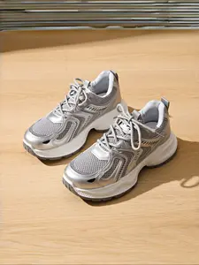 Women's Dad Shoes Arisan Running Sneakers, Jogging Shoes, Running Sports Shoes, Mesh Leather Patchwork Silver Color, Thick Sole Anti-Slip Wear-Resistant Round Toe Outdoor Casual Shoes, Sporty Running Shoes