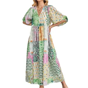 CHARTOU Women Boho Floral Printed Long Dress Summer Lantern Half Sleeve Beach Flowy Loose Swing Sundress
