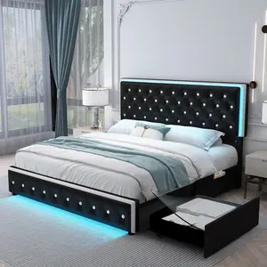 Sibeds Full LED Galaxy Bed Frame Set, Modern Smart Upholstered Platform Bed with Storage Drawers, Crystal Button Tufted Headboard, Solid Slat Support, Noise-Free, No Box Spring Needed, PU & Velvet, Black/White/Gray/Beige