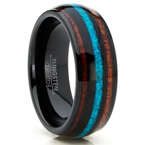 Men's Black Tungsten Wedding Band Engagement Ring Wood Crushed Turquoise Inlay
