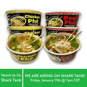 Pholicious Instant Pho Variety Pack, Vietnamese Rice Noodle Soup, 4 Count Combo Box, 2 Chicken & 2 Beef Single Serve 3.6 Ounce Bowls, Ramen Alternative & Fresh Ingredients, As Seen on Shark Tank