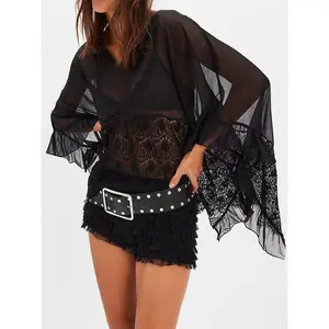 Women’s Lace Floral V-Neck Poncho Tops Sheer Mesh See Through Batwing Sleeve Irregular Ruffle Hem Loose Flowy Blouse Shirts Shawl Cover Ups