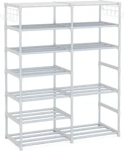 Metal 7 Tier Entryway Shoe Rack with Side Hooks, 24-30 Pairs for Versatile Storage Solutions