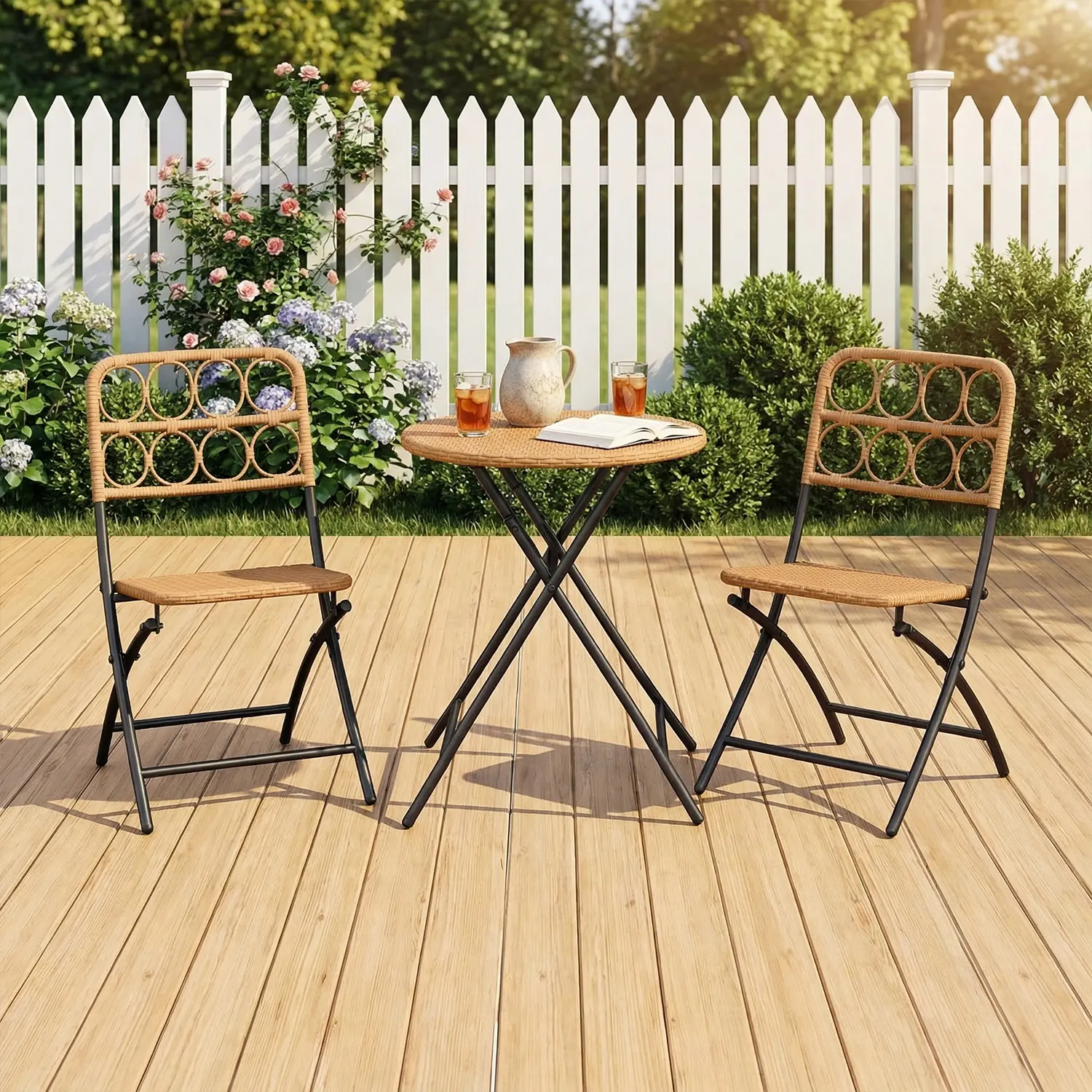 Spaco 3-Piece Modern Patio Bistro Set - Round Wicker Folding Chairs, Matching Table, Space-Saving Outdoor Dining Set for Balcony, Garden, Modern Patio Set, Patio Bistro Sets