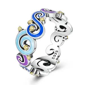 MULA Women's Silver-Plated Starry Swirls Ring - Enamel and Zircon Galaxy Band, Celestial Blue-Purple, Adjustable Size Open Shank, Casual Everyday Wear Costume Jewelry