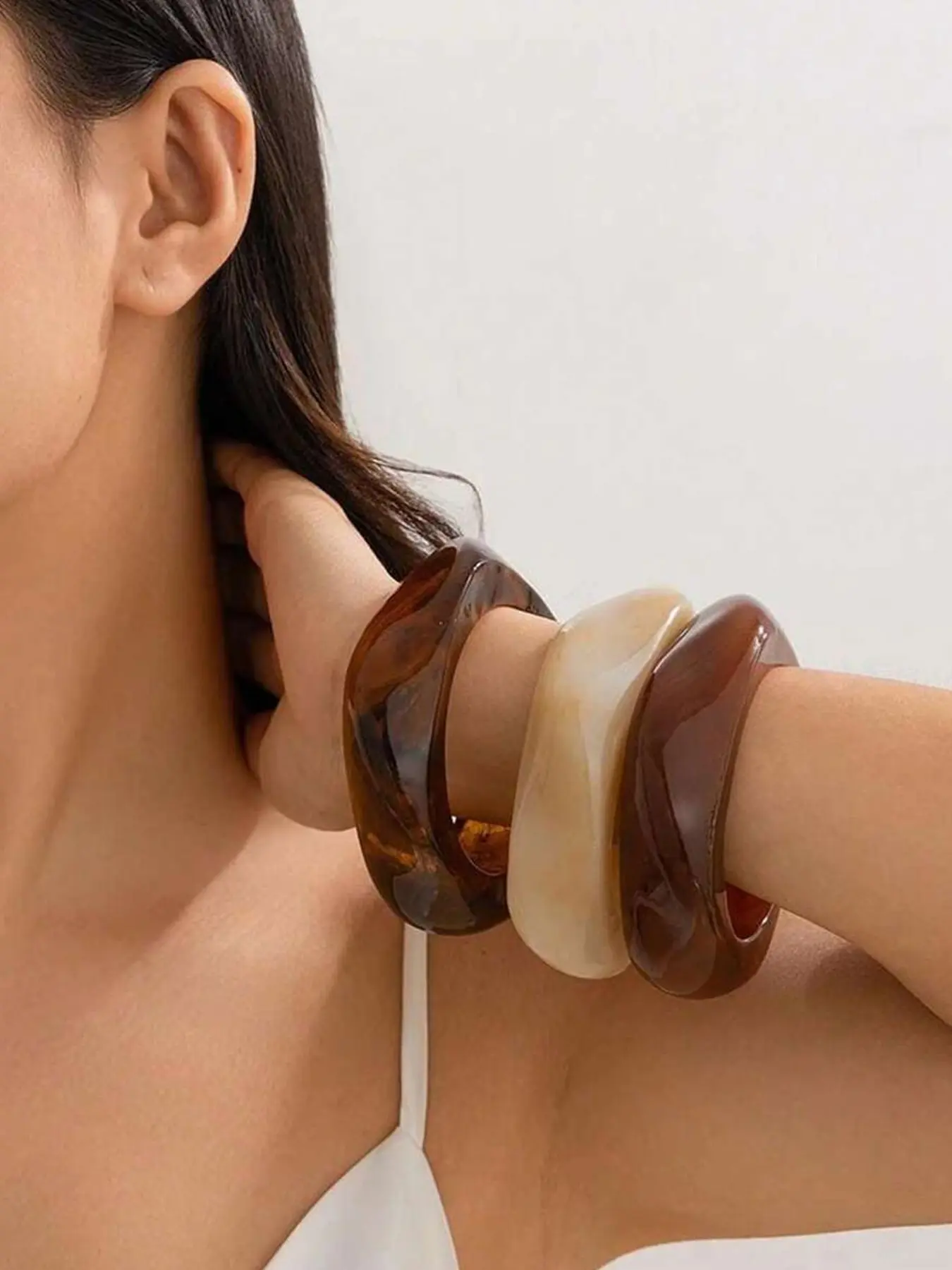 3pcs Polygon Resin Bangles, Resin Bangle Set, Tortoiseshell Wide Band, Vintage Exaggerated Design, Daily Wear, Summer Beach Party Jewelry, Fashionable Jewelry, Trendy Jewelry, Boho Style Bangles