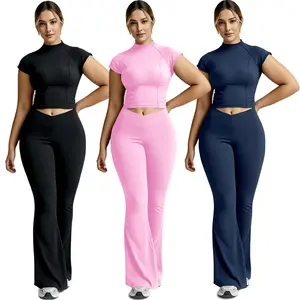 Women's 2-Piece Athletic Fashion Activewear Set - Crossover High-Waisted Crop T-Shirt, Stretchy Butt-Lifting Tummy Control Leggings, Crew Neck, Short Sleeve, All-Season Outfits for Yoga, Gym
