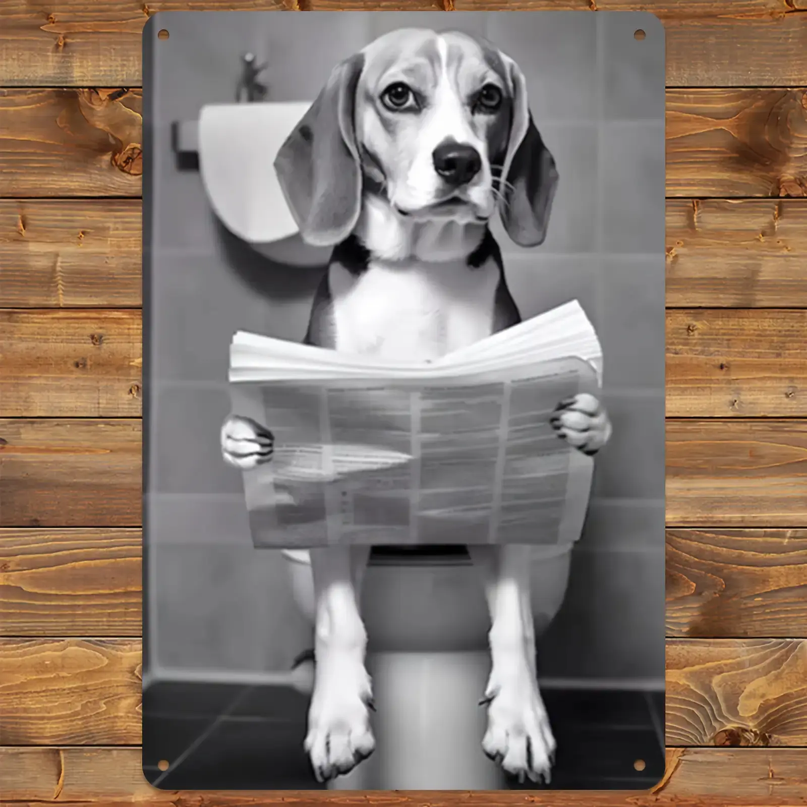 1pc Playful Beagle Print Animal Flat Sign - 8x12in (20x30cm) Durable Aluminum Metal Wall Plaque, Bathroom Humor Decor with Beagle Reading Newspaper on Toilet, Pet Lover Gift for Home, Easy No-Wiring Hanging