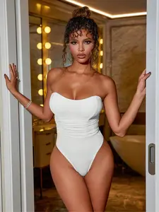 Rave Romantic Summer Slim-Fit Woven Mesh Splicing Ruched Fishbone Detail Backless Tube Corset Bodysuit