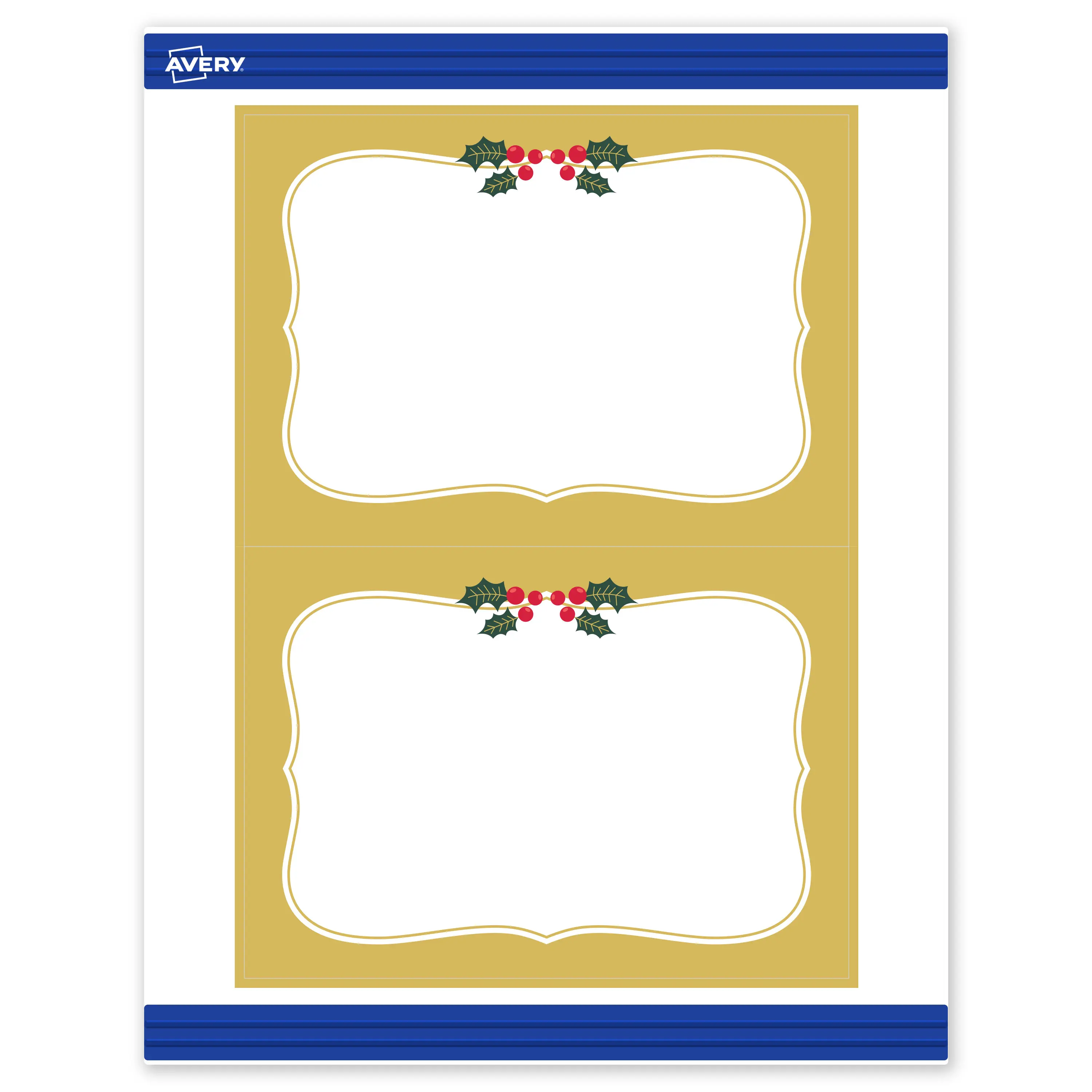 Avery® Printable Christmas Invitation Cards with Sure Feed® Technology, Rectangle, 5" x 7", Pre-Printed Metallic Gold Border with Holly Design, Matte White, Laser & Inkjet Compatible, 20 Total