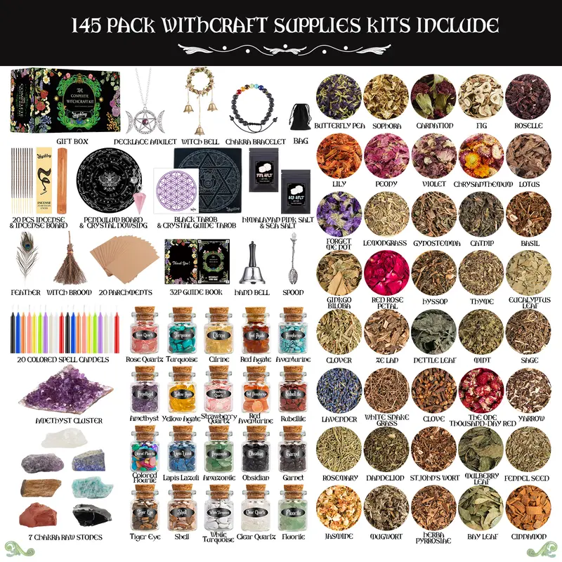 Green Wiccan Essentials Kit: 145-Piece Witchcraft Supplies Bundle for Halloween Magic - Dried Herbs, Crystals, Candles & More! Ideal for Green Witchcraft Altars and Enchanting Spells