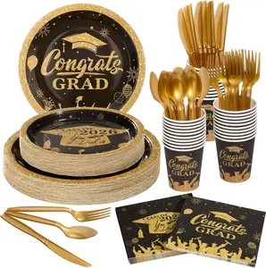 GOODLUCK Thick Black & Gold 2026 Graduation Print Disposable Tableware Kit, 350 PCS Party Supplies for 50 Guests - 9" & 7" Paper Plates, 9Oz Cups, Napkins, Cutlery