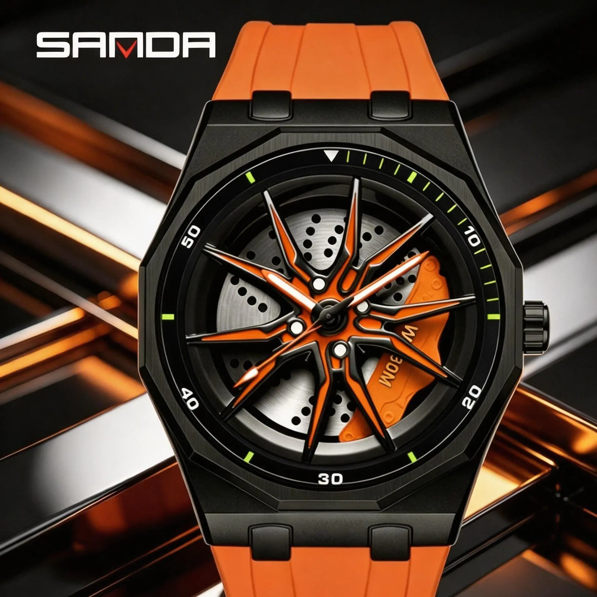 Men's sports watch with 360° rotating wheel dial, suitable for both business and daily wear. It features an octagonal luminous case and a waterproof silicone strap. outdoorfun Rose Gold Crystal Touch Screen