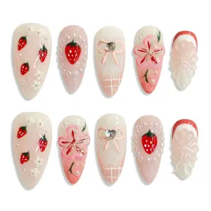 Press-On Nails, Handmade Strawberry Sweetheart Design, Medium Almond Fake Nails, Reusable Manicure Art Kit - Size M, Handmade Press On Nails