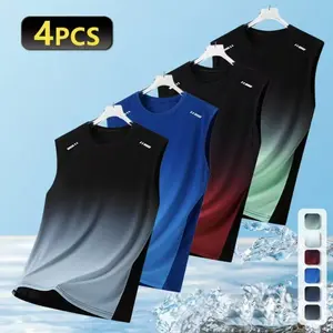 Men’s summer ultra-thin loose-fit tank top set (4 pieces/single piece), stylish printed gradient crew neck breathable athletic wear, suitable for outdoor running and outdoor activities,summervibes
