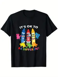 Autism Awareness "It's Okay to Be Different" Puzzle Piece T-Shirt - Unisex 100% Cotton Comfortable & Stretchable Autism Acceptance Shirt, Colorful Puzzle Design for Men & Women (S-XXXL) - Year-Round Casual Wear