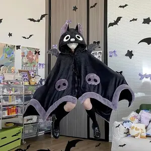 Cute Halloween Wearable Blanket Hoodie Free Size for Adults Devil Bat Hooded Blanket Oversized Soft Sherpa Hoodie Women Throw Cloak Wrap with Demon Wings Perfect Gifts For Halloween Christmas Cosplay Events