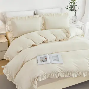 3 Pieces Full Size Boho Vintage Ruffled Beige Duvet Cover Set Soft Microfiber Kids Bedding Set for Girls All Seasons