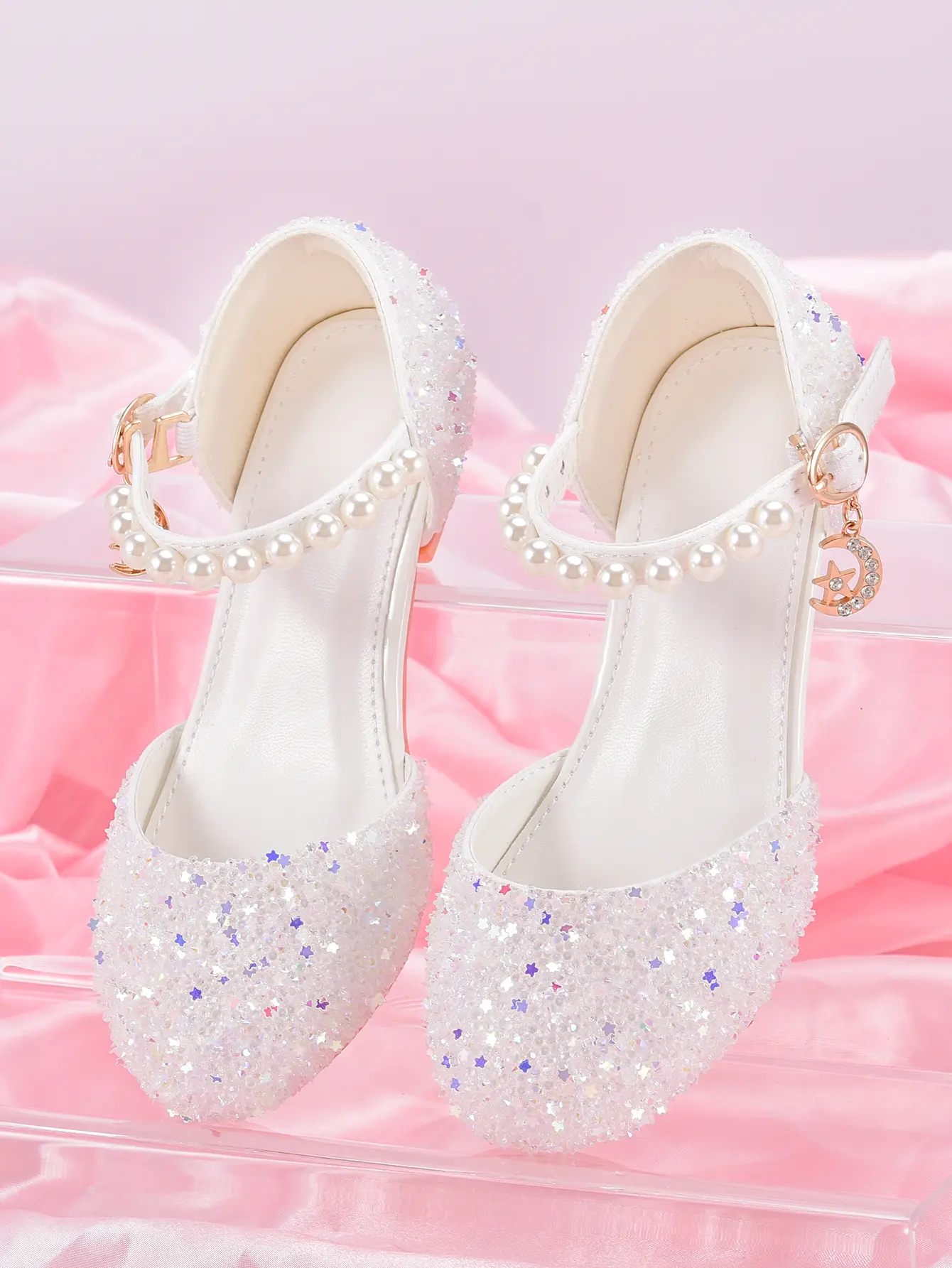 Girl princess shoes, white high heels, sparkling shoes, suitable for flower girl performances, wedding occasions, and matching dresses