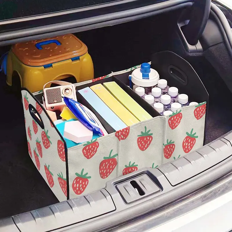 Strawberry Pattern Print Multi-Functional Car Storage Box, Foldable Trunk Organizer with Dividers, Vehicle Interior Organiser, Car Storage Bag, Car Organizers, Car Organization Supplies