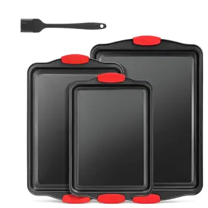3-Piece Nonstick Baking Sheet Set with Free silicone brush, Carbon Steel Cookie Pans with Silicone Handles, Durable Oven Bakeware for Baking, Roasting & Grilling