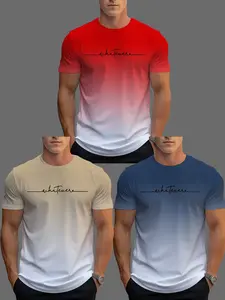 3-Pack Gradient Fresh 3D Digital Print Men's T-Shirts, Quick-Dry Casual Streetwear Slim-Fitting Short Sleeves, All-Season Washed Design, Menswear