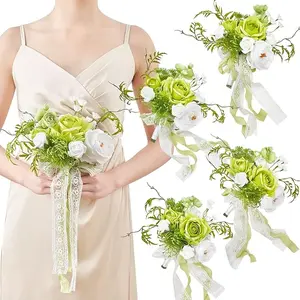 TINGE TIME 7 Inch Artificial Flowers Wedding Bouquets for Bridesmaid, Set of 4, Green & White Bride Tossing Bouquet for Wedding Ceremony Festivals Bridal Shower Rehearsal Dinner Vintage Party Decor Decorative
