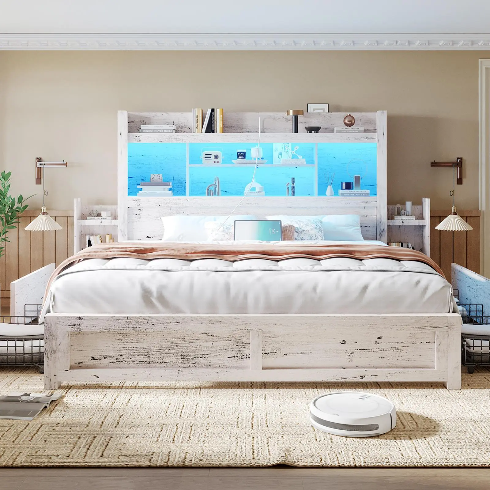 [Summerwins]【Ships in 2 Boxes】AMERLIFE Bed Frame with 49.6" Bookcase Headboard & 2 Bedside Stoage Racks & 4 Drawers, Farmhouse Wood Bed Frame with RGB LED & Charging Station,Best Gift Ideas/Christmas Gifts