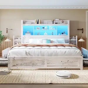 [SummerVibes]【Ships in 2 Boxes】AMERLIFE Bed Frame with 49.6" Bookcase Headboard & 2 Bedside Stoage Racks & 4 Drawers, Farmhouse Wood Bed Frame with RGB LED & Charging Station,Best Gift Ideas/Christmas Gifts