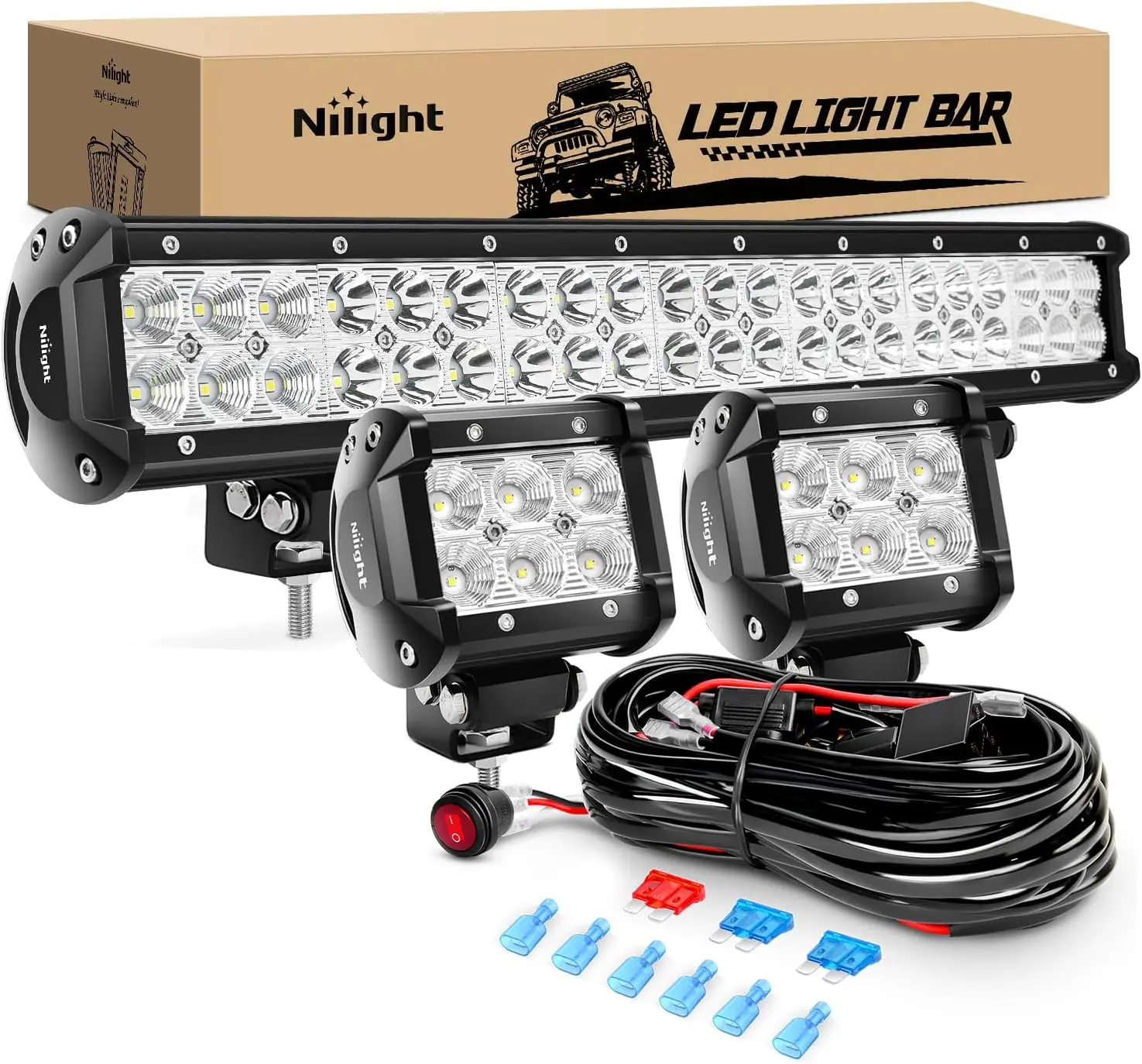 Nilight 20Inch 126W Spot Flood Combo Led Off Road Led Light Bar 2PCS 18w 4Inch Flood LED Pods With 16AWG Wiring Harness Kit-2 Lead Truck Lightbar, Led Work Light, Light Bar Car