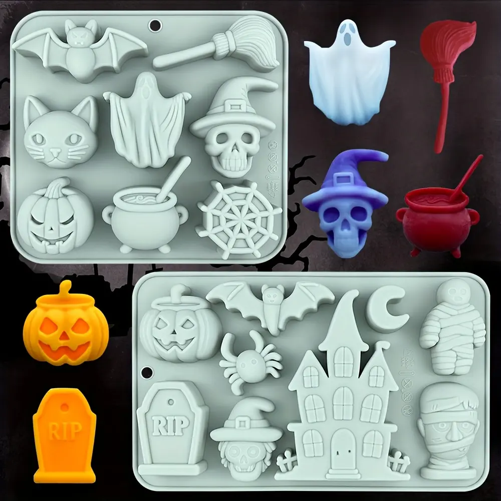 Silicone Halloween Chocolate Mold, 1pc/2pcs Baking Tray with Skull, Pumpkin, Ghost, Spider, Bat, Castle, Cat, Broom, Mummy Shapes for Desserts & Candies