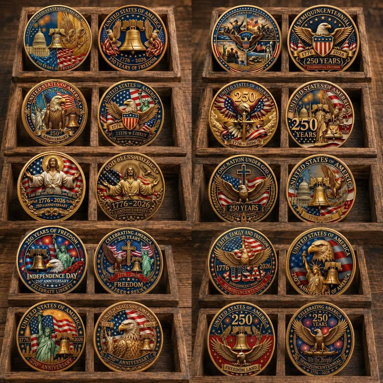 [10 Coins] 250th Anniversary of American Independence Commemorative Challenge Coin, Double-Sided Gold Color Metal Coin, USA Semiquincentennial 1776-2026 Collectible, Liberty Bell Eagle Statue of Liberty Freedom Souvenir Gift for Patriotic & Collectors