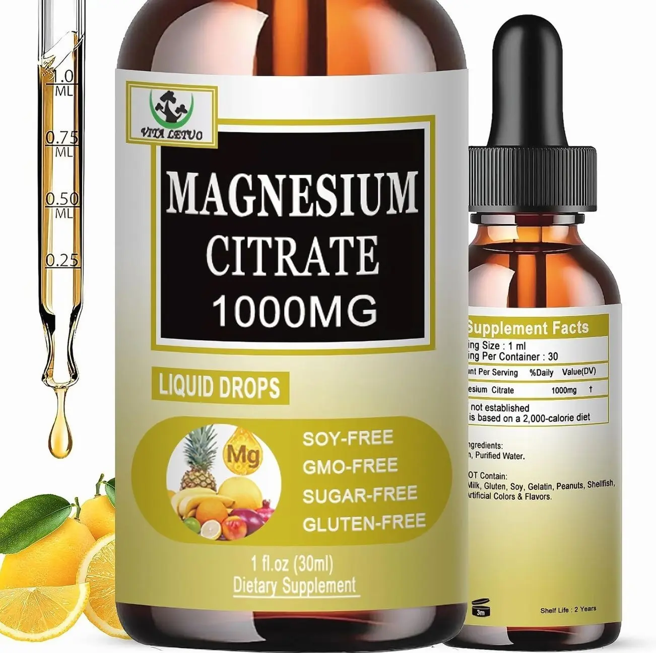 Magnesium Citrate Liquid Drops | High Absorption Liquid Magnesium Supplement for Sleep, Muscle & Heart Support - Magnesium Citrate 1000mg for Adults Women & Men - Vegan | Non-GMO - 30 Servings