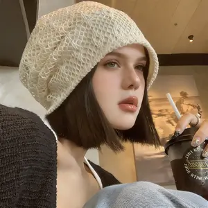 New Spring/Summer Retro Hollow-Out Knitted Beanie for Women, Thin Summer Slouch Hat, Breathable, Face-Slimming, Stylish Headband Hat