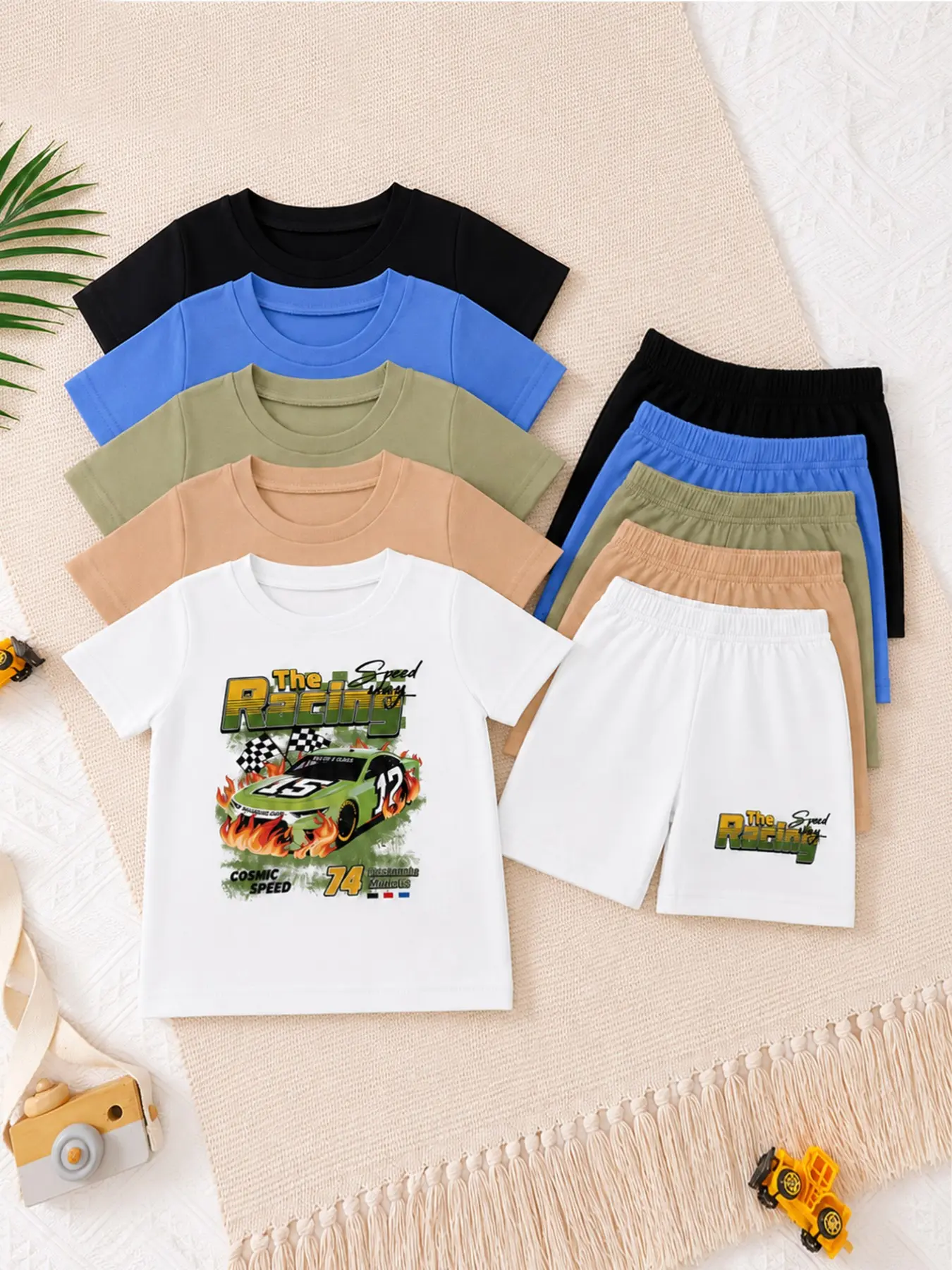 Boys' 10-Piece Racing Football Hawaiian Letter Print Set, Outfit Sets, Comfortable Casual Fashion, Ideal for Outdoor Wear, Gift for Boys Aged 3 Months-3 Years