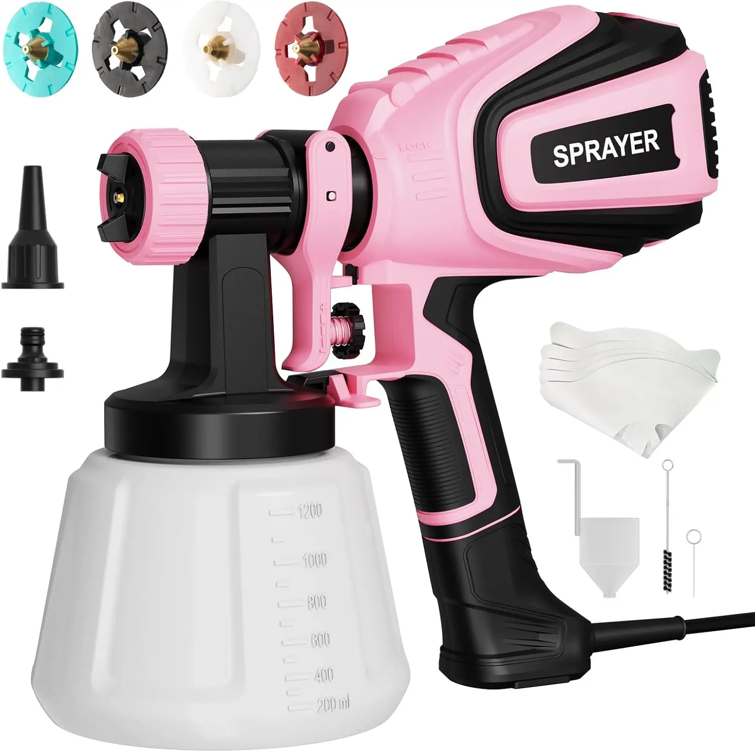 VONFORN Pink Paint Sprayer, 700W HVLP Paint Spray Gun with Cleaning & Blowing Joints, 4 Nozzles and 3 Patterns, Easy to Clean, for Furniture, Cabinets, Fence, Walls, Door, Garden Chairs etc., Hvlp Paint Sprayer, 3.0Mm