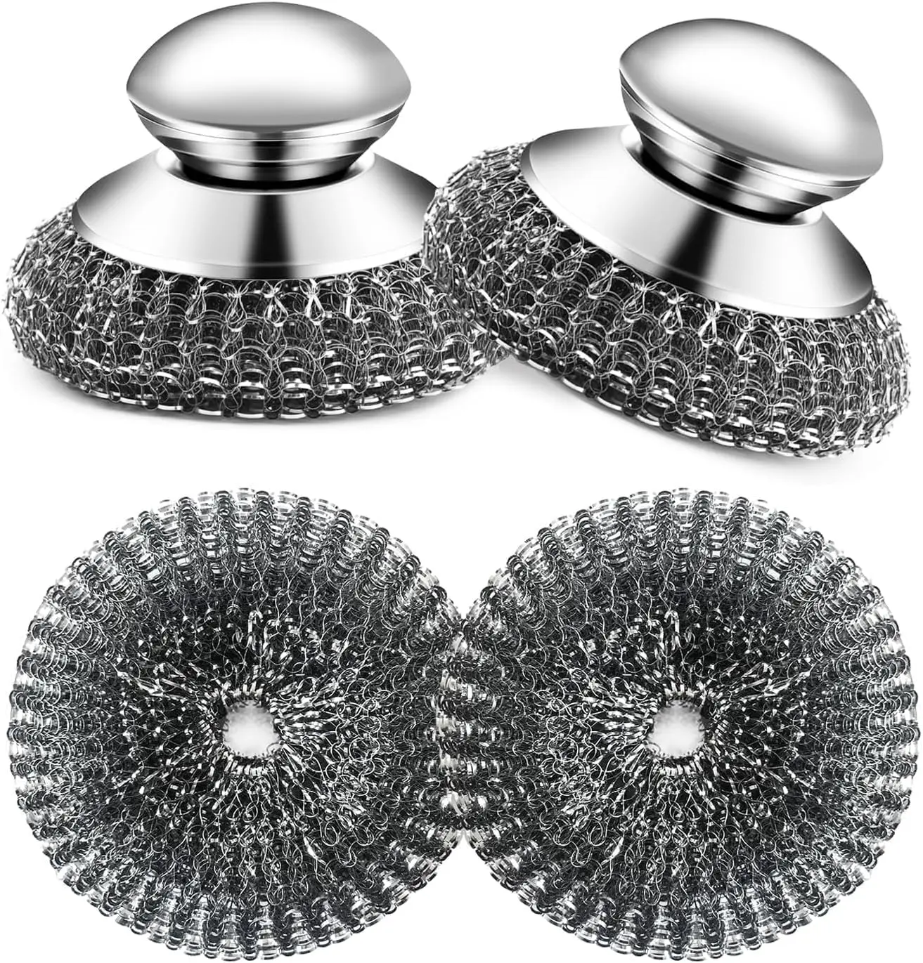 NO BRANDE 2-Pack Durable Stainless Steel Scrubber Set with Handle, for Cleaning Dishes, Cast Iron Cookware, Grills