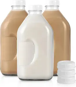 Half Gallon Glass Milk Bottle with Lid (3 Pack) 64 Oz Jugs and 6 White Caps,   Grade Milk Container for Refrigerator, Bottles for Juice, Oat or  Milks, Water, Honey
