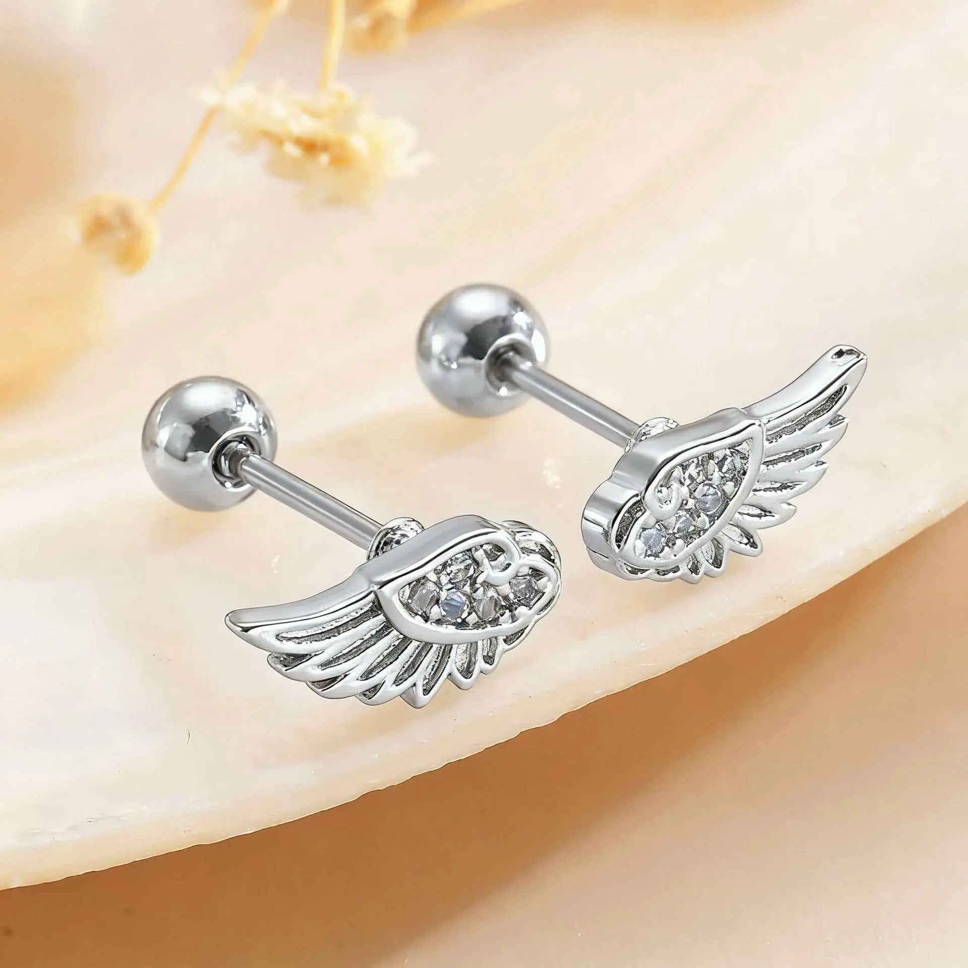 Angel Wing Stud Earrings in Textured Stainless Steel, Diamond-Studded Angelic Pretty Style for Unisex Daily Wear with Secure Anti-Fall Posts, Statement Stud Earrings, Themed Earrings sohochic