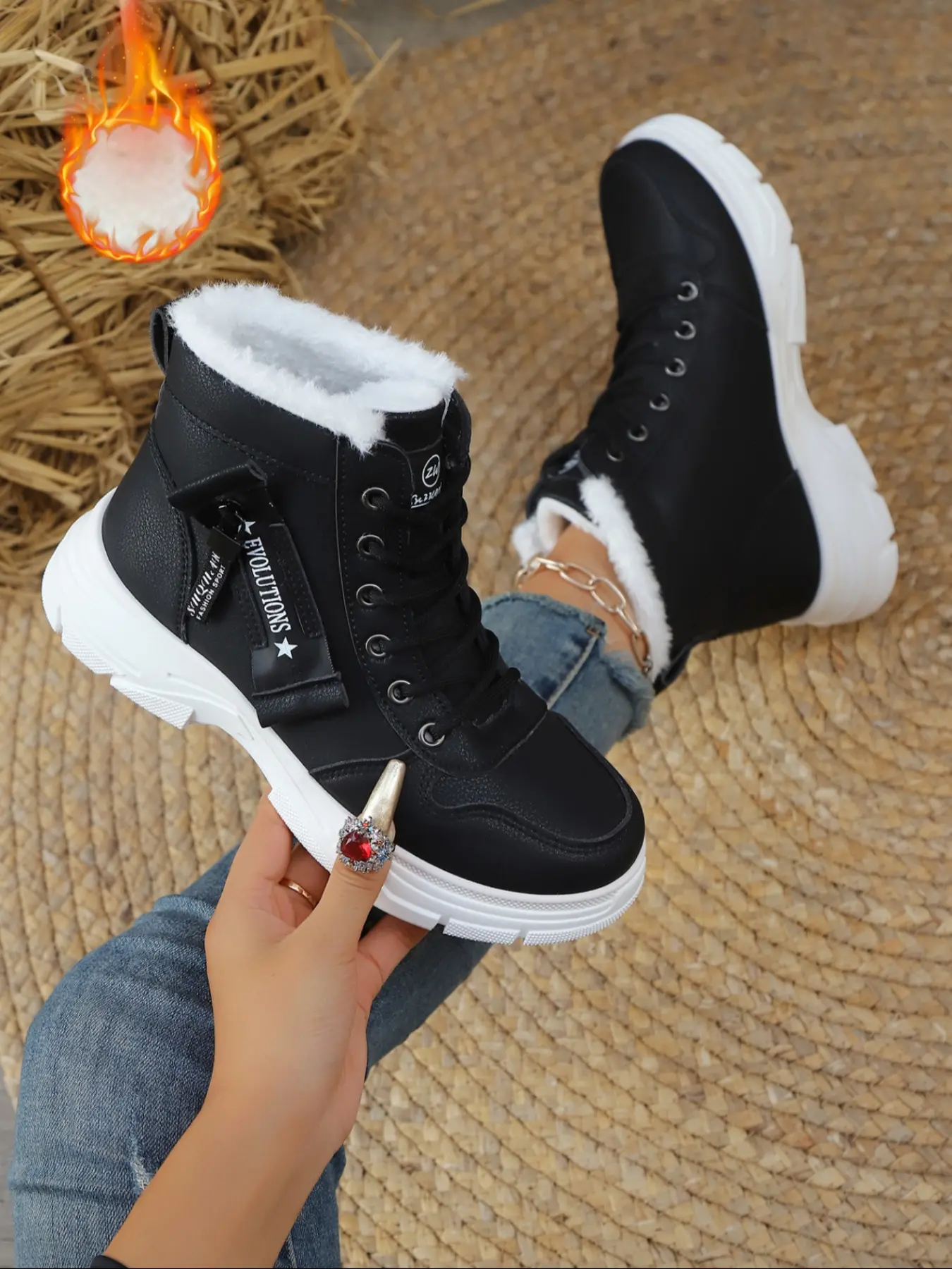 New Thick Sole Warm Boots for Women, Faux Fur High Top Lace-Up Star Decoration, Versatile Fall & Winter Casual Shoes, Fluffy Fur Boots