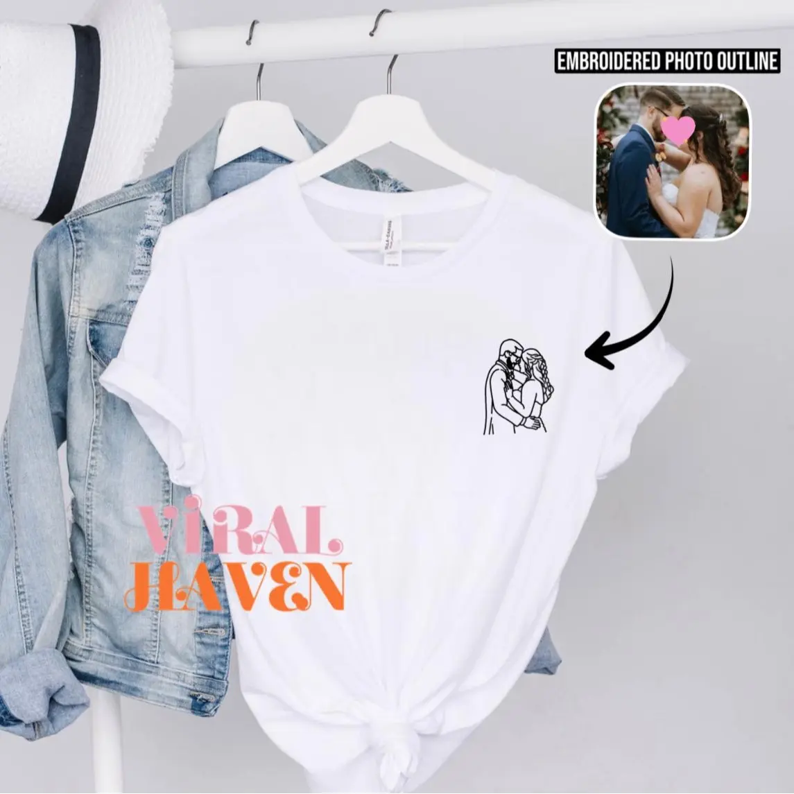 Customized Photo Outline Embroidery Unisex T-shirt on Left Chest Personalized Gift Lineart