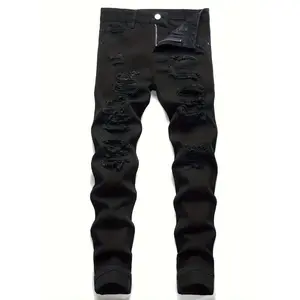 Men's distressed black jeans-casual streetwear, non-stretch with ripped detail, machine washable