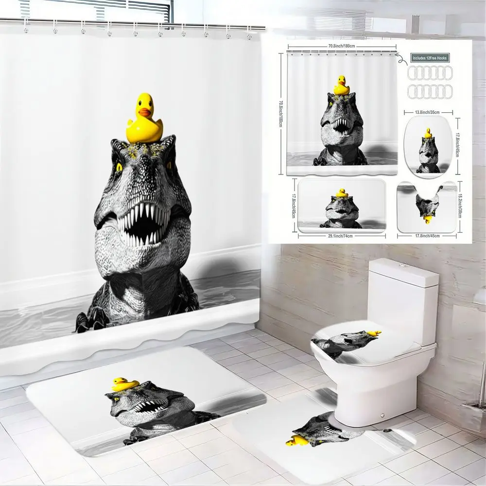 1/4pcs Black White T-Rex Dinosaur Shower Curtain Cute Set with Yellow Duck, T-Rex & Duck Printed Toilet Lid Cover + Rugs, Cozy Playful Bathroom Decor, Perfect for Easter, St Patrick's Day, Valentine's Day & Family Fun