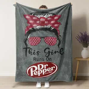 Dr Pepper Cozy Slogan Print Fleece Throw Blanket, Soft-Texture Fabric, All-Seasons Home Decor, "This Girl Runs On Dr Pepper" Funny Gift for Soda-Loving Messy Bun Moms, Cozy Throw Blanket, Slogan Print Blanket